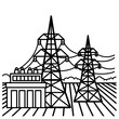 © Nataliia - Electricity transmission. The concept of power lines and transformer substation. Vector line art illustration