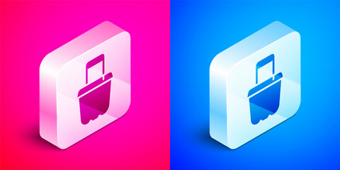 Sticker - Isometric Sand in bucket icon isolated on pink and blue background. Plastic kid toy. Summer icon. Silver square button. Vector