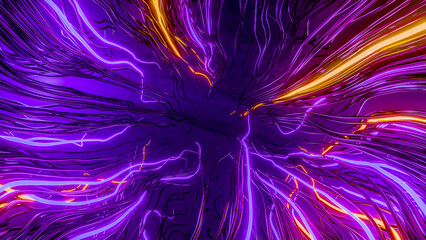Wall Mural - abstract futuristic render 3d effect, dark background, bright lighting veins, hair, wind, turbulence