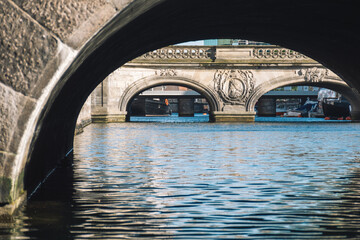 Beautiful view from the cruise boat of the old bridges on the canals of Copenhagen, Denmark