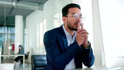 Poster - Male software developer coding software on a desktop computer in an office. Serious Asian man working as a designer for pc programs and sitting at a desk. Guy looking focused while typing an email