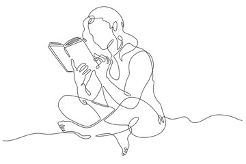 Poster - a woman is reading a book. the female character is reading. student with a textbook.education and kn