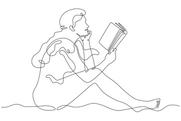 Poster - A woman is reading a book. The female character is reading. Student with a textbook.Education and knowledge. Open book.
