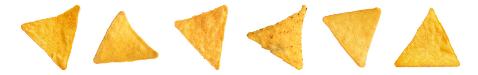 Set with tasty tortilla chips (nachos) on white background. Banner design