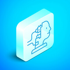 Poster - Isometric line Robot connected for maintenance icon isolated on blue background. Artificial intelligence, machine learning, cloud computing. Silver square button. Vector
