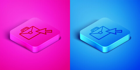 Poster - Isometric line Online working icon isolated on pink and blue background. Freelancer man working on laptop at his house. Remote work. Distant job concept. Square button. Vector