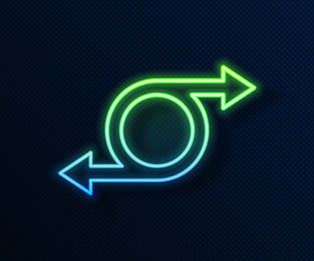 Poster - Glowing neon line Arrow icon isolated on blue background. Direction Arrowhead symbol. Navigation pointer sign. Vector