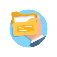 Poster - Computer folder in hand illustration in flat style. Document archive vector illustration on isolated background. Portfolio sign business concept.