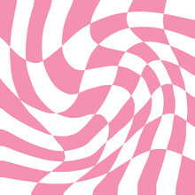 Psychedelic Groovy Warped Pink And White Check Pattern. Trippy Simple Background. Flat Vector Illustration.