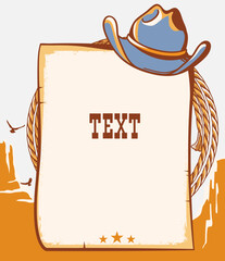 Wall Mural - Cowboy paper background for text. Vector western illustration with cowboy hat and lasso on wood texture.