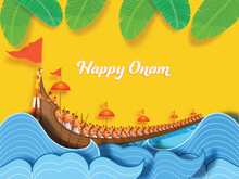 Happy Onam Concept With Aranmula Boat Race Paper Cut Water Waves Banana Leaves Decorated Yellow Background