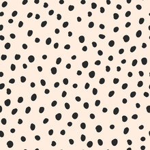 Cute Black Hand Drawn Polka Dot On Beige Background. Vector Seamless Jumble Brush Spots Pattern. Random Dots, Circles, Animal Skin. Design For Fabric, Wallpaper, Textile, Wrapping Paper, Packaging.