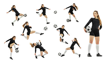 Set, collage made of shots of female professional soccer player with ball in motion, action isolated on white background. Woman in black football kit