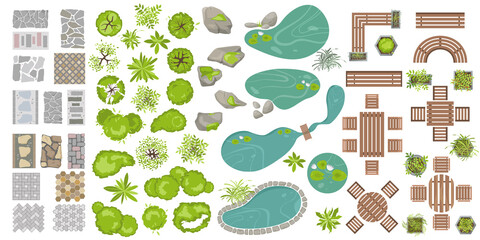 Wall Mural - set architectural and landscape elements top view. collection of houses, garden plants, trees, ponds
