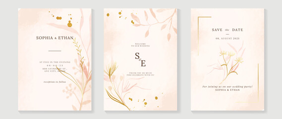 Luxury fall wedding invitation card template. Watercolor card with gold line art, flowers, leaves branches, foliage. Minimal autumn botanical vector design suitable for banner, cover, invitation.