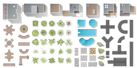 Wall Mural - architectural and landscape elements top view for town, village. collection of houses, plants, garde