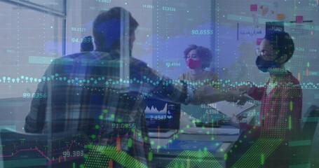 Poster - Animation of financial data processing over business people wearing face masks
