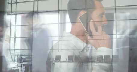 Poster - Animation of caucasian businessman using smartphone over time lapse with people in office