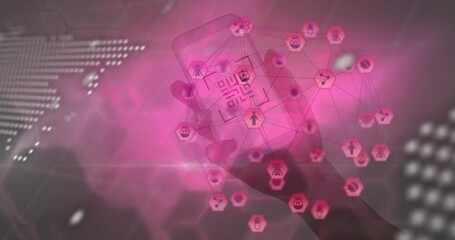 Poster - Animation of globe, connections and data processing over pink background and hands with smartphone
