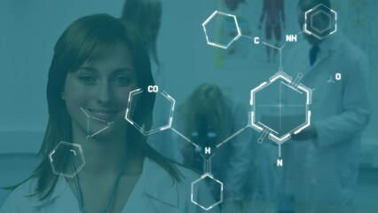 Sticker - Animation of chemical formulas over caucasian female doctor looking at camera