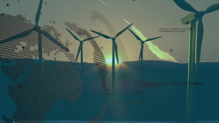 Poster - Animation of globe and data processing over wind turbines at sunset