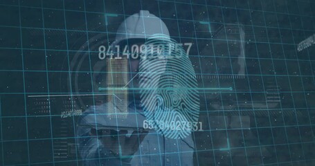 Poster - Animation of numbers, fingerprint scanning and digital padlocks over caucasian male builder