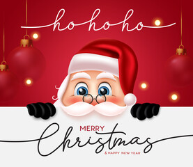 Poster - Christmas santa character vector design. Christmas santa claus character holding white board element with merry christmas greeting messages for holiday season. Vector illustration.

merry christmas,
s