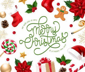 Wall Mural - Christmas vector background design. Merry christmas greeting text with xmas elements like poinsettia, hat, gift and balls for xmas holiday season decoration. Vector illustration.
