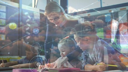 Wall Mural - Animation of network of connections and clouds over teacher and class of diverse pupils