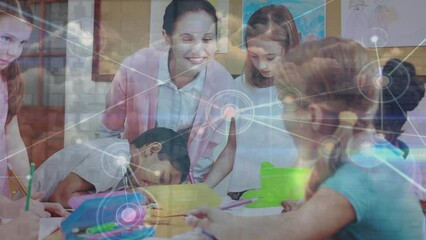 Wall Mural - Animation of network of connections and clouds over teacher and class of diverse pupils