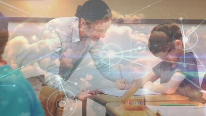 Poster - animation of network of connections and clouds over teacher and class of diverse pupils