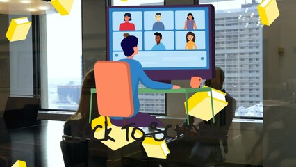 Poster - Animation of books and cartoon programmer with screen over african american man in office