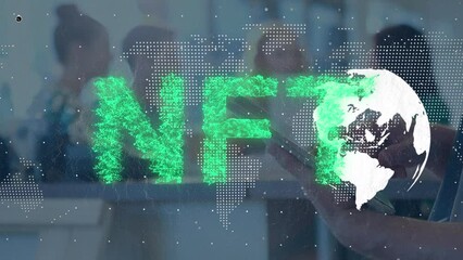 Poster - Animation of globe, world map and nft over people working in office