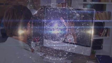 Poster - Animation of connections with globe over caucasian male student having online lecture