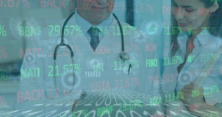 Poster - Animation of data processing over two caucasian doctors