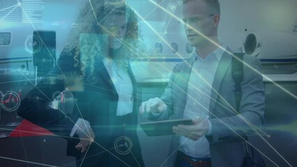 Poster - Animation of network of connections over two caucasian business people on airport