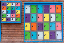 Colourful Storage Lockers On A Wall, Colours Of The Rainbow