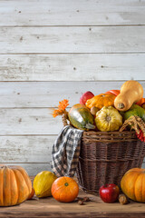 Wall Mural - Thanksgiving day background with empty copy space. Pumpkin harvest in wicker basket. Squash, orange vegetable autumn fruit, apples, and nuts on a wooden table. Halloween decoration fall design