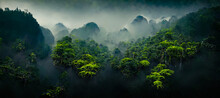 Exotic Foggy Forest. Jungle Panorama, Forest Oasis. Foggy Dark Forest. Natural Forest Landscape. 3D Illustration.
