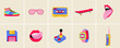 © AkimD - Classic 80s 90s elements in flat line style. Hand drawn vector illustration: skate board, cassette, sneaker, sunglasses, mouth with tongue, floppy disk, watches, phone. Fashion patch, badge, emblem.