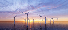 7640x4320. Ocean Wind Farm. Windmill Farm In The Ocean. Offshore Wind Turbines In The Sea. Wind Turbine From Aerial View.