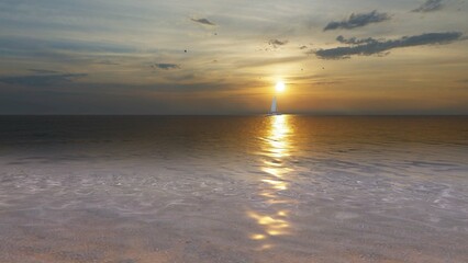 Wall Mural - Sunrise over the sea and beach. Waves washing the sand.
