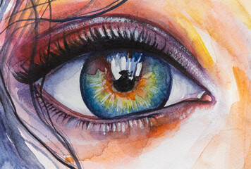 Wall Mural - Handmad conceptual abstract picture of the eye. Watercolor female portrait painting. Painting in colorful colors. Conceptual abstract closeup of watercolor paint and brush on paper.