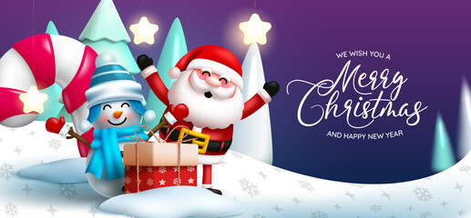 christmas character greeting vector design. merry christmas text with santa claus and snowman charac