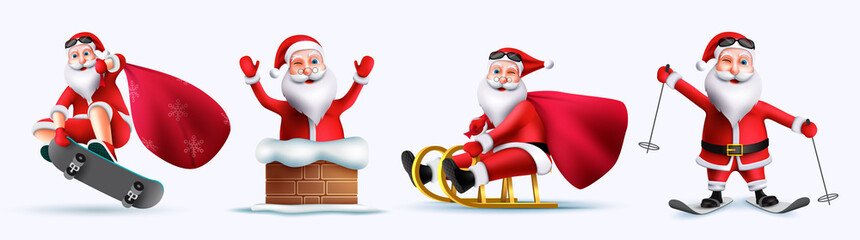 Poster - Santa claus character vector set. Santa claus 3d playful characters in skating, riding sled and skateboard isolated in white background for xmas person collection design. Vector illustration.
