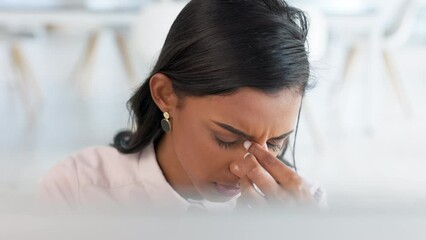 Poster - Stressed business woman working on a computer in an office. Young worried entrepreneur feeling tired and worried while struggling with burnout, eye strain and a headache from deadlines and pressure