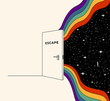 Opened Door With Escape Sign With Coming Out Abstract Cosmos Space Surrounded Rainbow From The Doorway. Vector Illustration