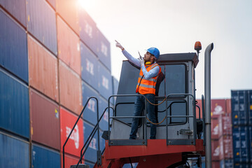 Poster - Container yard worker checking container at container yard warehouse,Logistics transportation and shipping business concepts.