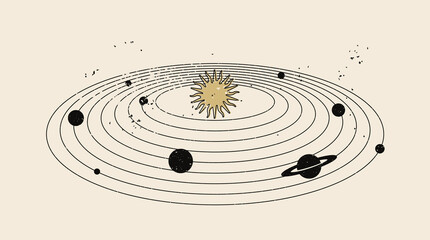 vintage styled illustration of the solar system with the sun and various planet silhouettes on they 