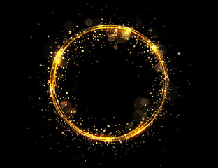 Wall Mural - Round isolated gold color frame with small tinsel and glitter on black design